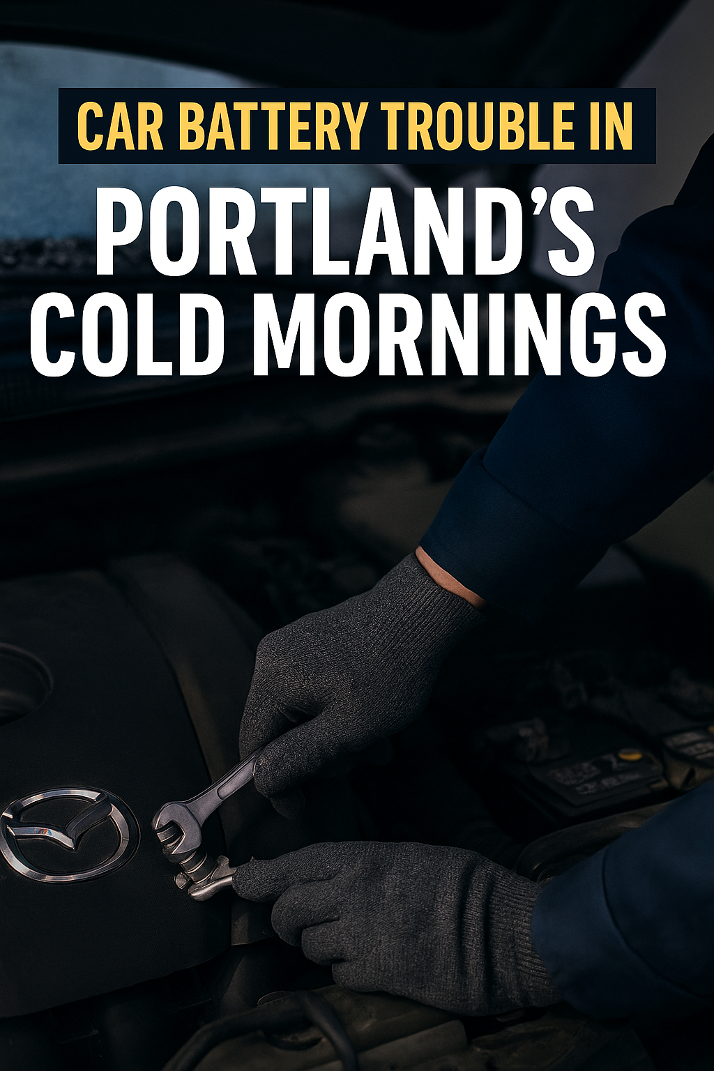 Mechanic checking a car battery on a cold morning in Portland, Oregon, with frost on the hood and city skyline in background – Portland Best Auto Repair winter battery service.