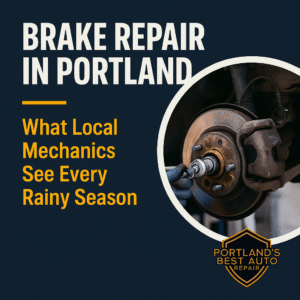 Brake repair in Portland Oregon, mechanic inspecting brake rotors and calipers during rainy season at Portland’s Best Auto Repair
